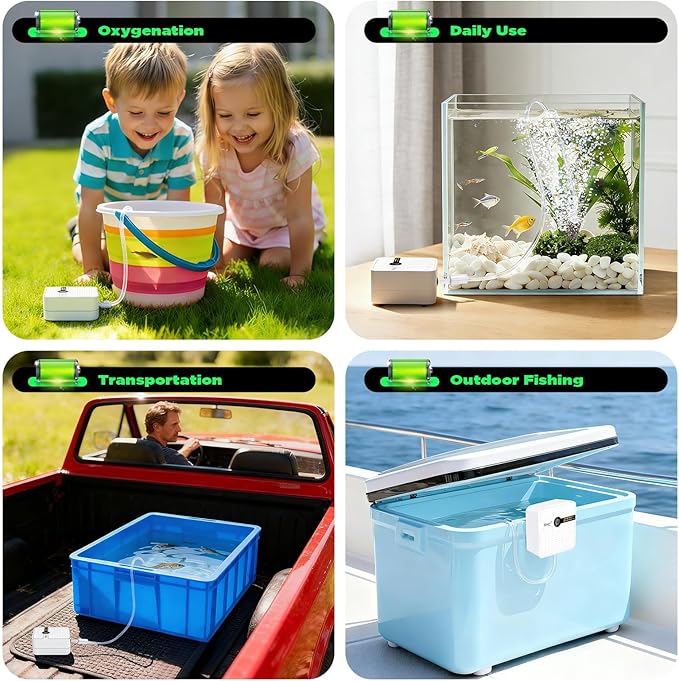 hygger USB Rechargeable Aquarium Air Pump, Battery Powered Quiet Oxygen Pump, Portable Aerator with Air Stone, Adjustable Air Flow with Clip for Bait Bucket, Outdoor Fishing and Power Outages