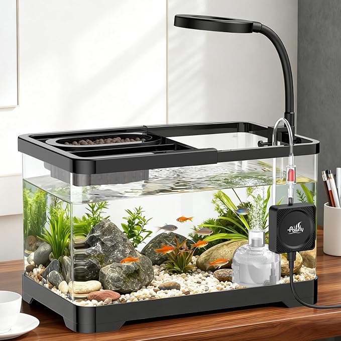 Pawfly 2 Gallon Fish Tank, Ultra Clear Aquarium Starter Kit with 6 W LED Aquarium Light, Mini Air Pump, Filter, Siphon Vacuum Water Changer & Basket, Small Fish Tank for Betta