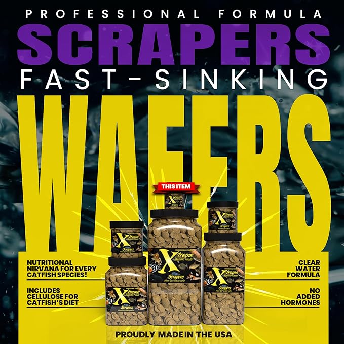 Xtreme Scrapers Wafers - Premium 14mm Fast-Sinking Fish Food – Nutrient & Cellulose Rich Ideal for Nocturnal Feeders, Catfish, Plecostomus Species, and Loaches – USA Farm Grown (2oz)