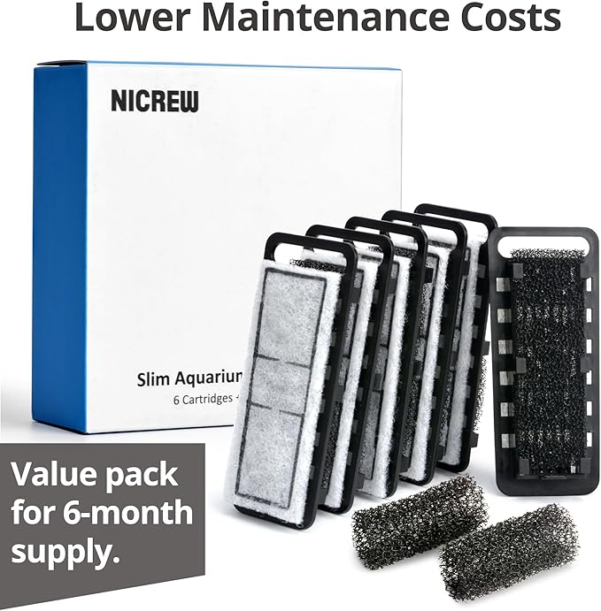 NICREW Slim Aquarium Filter Cartridges (6 pcs) with Intake Sponges (2 pcs)
