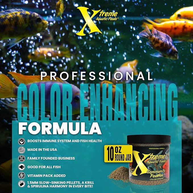 Xtreme Community Peewee 1.5mm Pellets: Slow Sinking & Ideal for Community Fish - Boosts Immune & Digestive Health, Enhances Color & Energy, Max Protein Fish Food – USA Farm Grown (10oz)