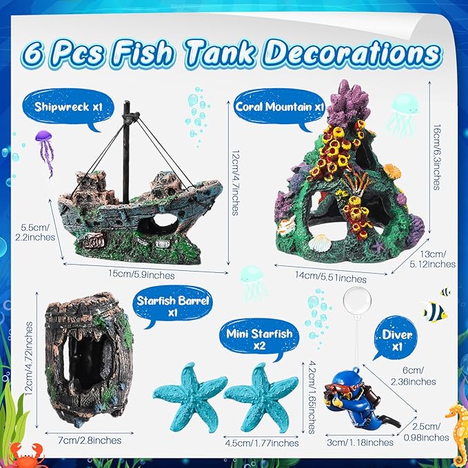 Zeyune 15 Pcs Fish Tank Decorations Mountain Ornament Broken Barrel Sunken Ship Artificial Seaweed Water Plants Colorful Coral Reef for Fish Bowl Aquarium Decor (Green)