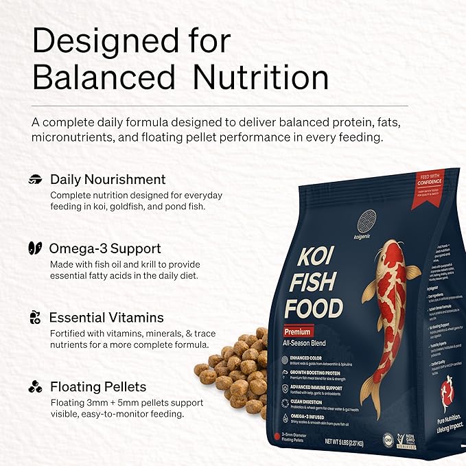 Koi Fish Food (5lb) - Growth & Color Formula, High Protein Floating Pellets with Spirulina, Krill & Probiotics, Easy to Digest, Cleaner Water, All Season - for Koi, Goldfish & Pond Fish