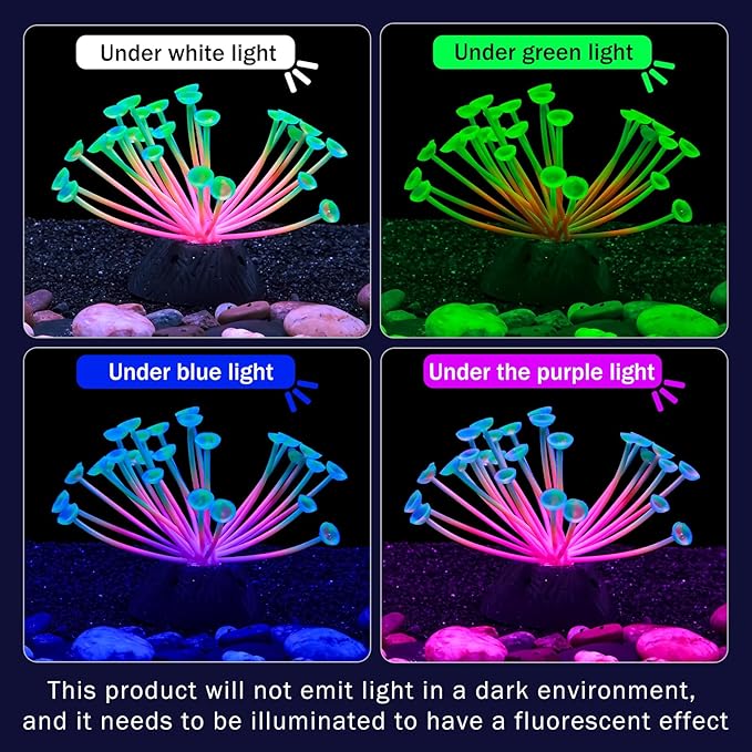 Dynamic Glow in The Dark Aquarium Decorations Unleashing Visual Effects with Soft Silica Gel, Changing Lights Colorful Glowing Coral Ornaments for Fish Tank Decor (Green, Calla)