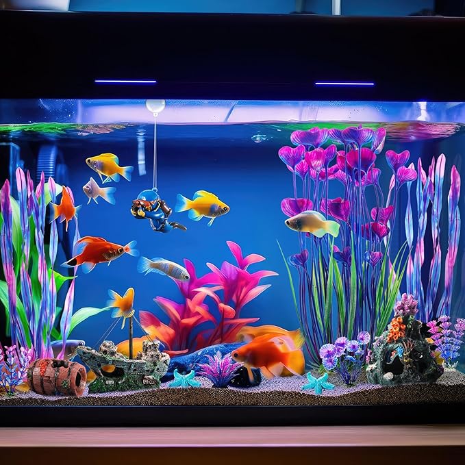 Zeyune 15 Pcs Fish Tank Decorations Mountain Ornament Broken Barrel Sunken Ship Artificial Seaweed Water Plants Colorful Coral Reef for Fish Bowl Aquarium Decor(Purple)