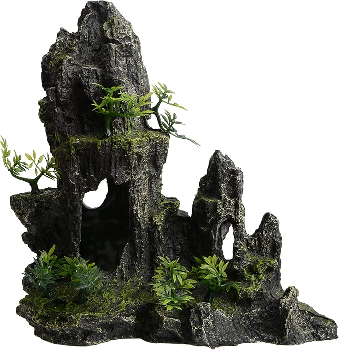 11 Inch Large Aquarium Decor, Tall Resin Mountain Rock Cave with Plants for Natural Aquascape – Realistic Fish Tank Decorations & Hiding Place for Betta, Shrimp, Cichlids