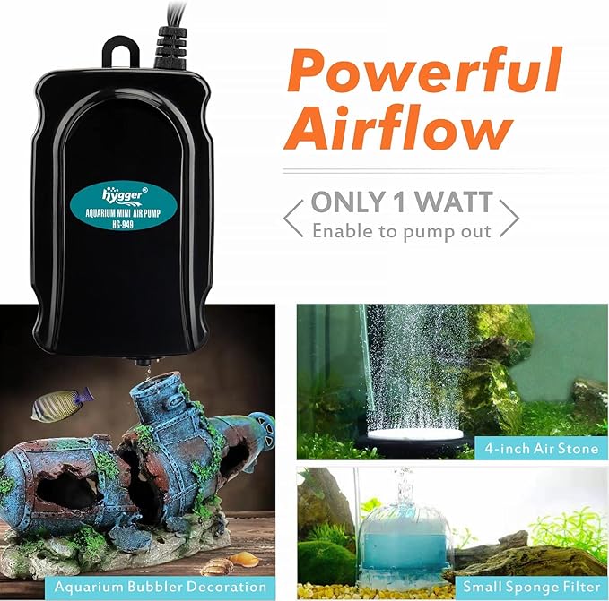hygger Mini Aquarium Air Pump Kit Small Fish Tank Air Pump 1W for 2-20 Gallon Fish Bowl with Air Tube Air Bubbler Stone Check Valve