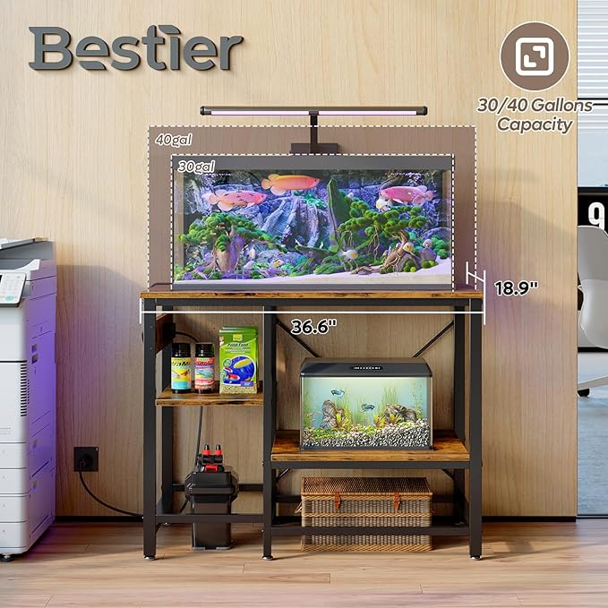 Bestier 40-50 Gallon Fish Tank Stand with Power Outlet, 36x19 Metal Aquarium Stand with Filter Storage, 6-Leg Reptile Tank Stand with 3-Tier Adjustable Storage Shelves, 660LBS Capacity