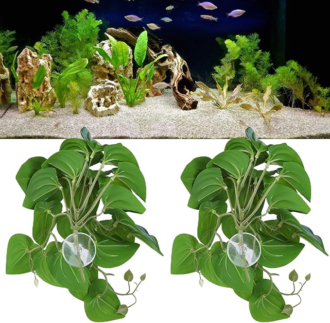 2PCS Artificial Water Plant,Simulation Vine,Lifelike Plastic Leaves Decoration with Suction Cup,Plastic Plant Aquatic Water Grass Decor for Fish Tank (Watermelon Leaves)
