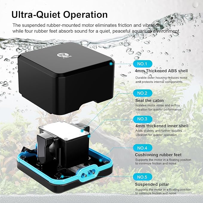 FZONE Aquarium Air Pump, Ultra Quiet Fish Tank Aerator Pump with Stainless Steel Dual Outlets, Adjustable Powerful Oxygen Pump with Air Stones for Freshwater and Saltwater Aquariums