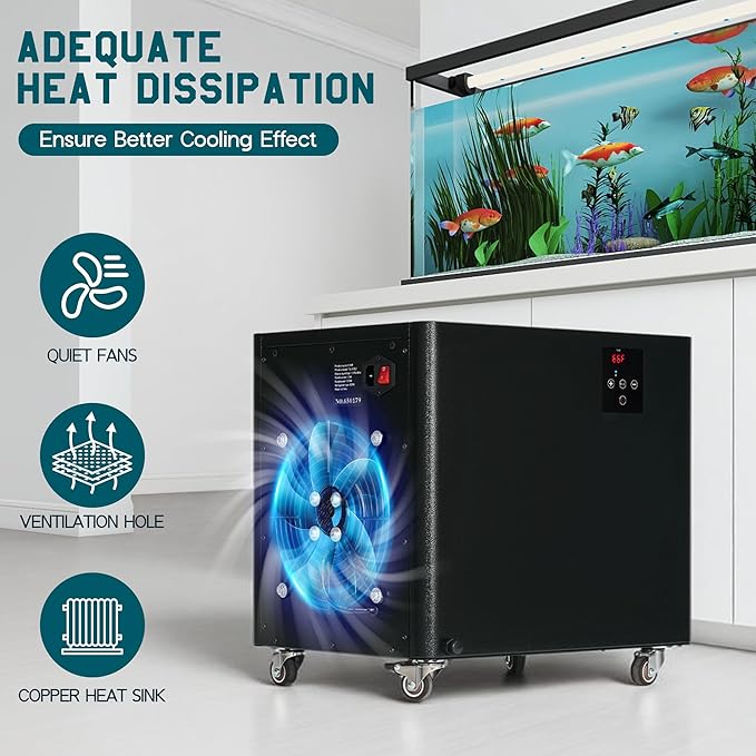 Albott 132 Gal Aquarium Cooler, 1/2 HP Water Chiller with Water Pump & 2 Pips, Hydroponics Chiller with Quiet Design Compressor & Wheels for Axolotl Fish Coral Shrimp, 110V, Black