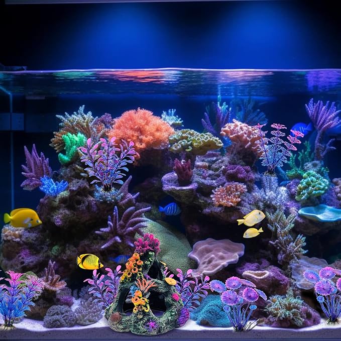 GSD Aquarium Colorful Coral Reef Set Fish Tank Decoration Mountain Ornament for Aquarium Environments Decor Accessories, Coral Mountain x 1, Aquatic Plant x 4