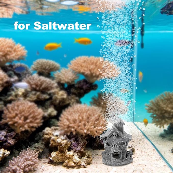 Carefree Fish Aquarium Haunted House Halloween Ghost Bubbler Decor Fish Hide-Out Ornament with 3Ft Tubing and Tiny Air Stone（No Included Air Pump