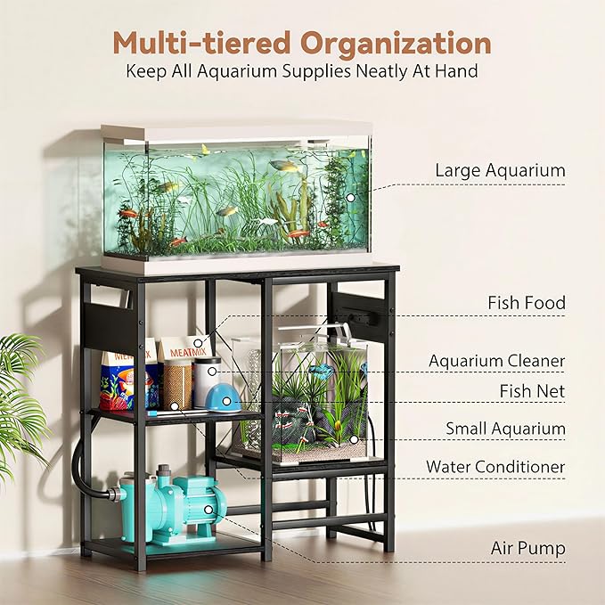 GRLEAF 5-10 Gallon Fish Tank Stand with Power Outlets, 4 Tier Metal Aquarium Stand with Wood Storage Shelves, 20.3" L x 10.6" W x 30.3" H Turtle Reptile Fish Tank Table Aquarium Table - Black