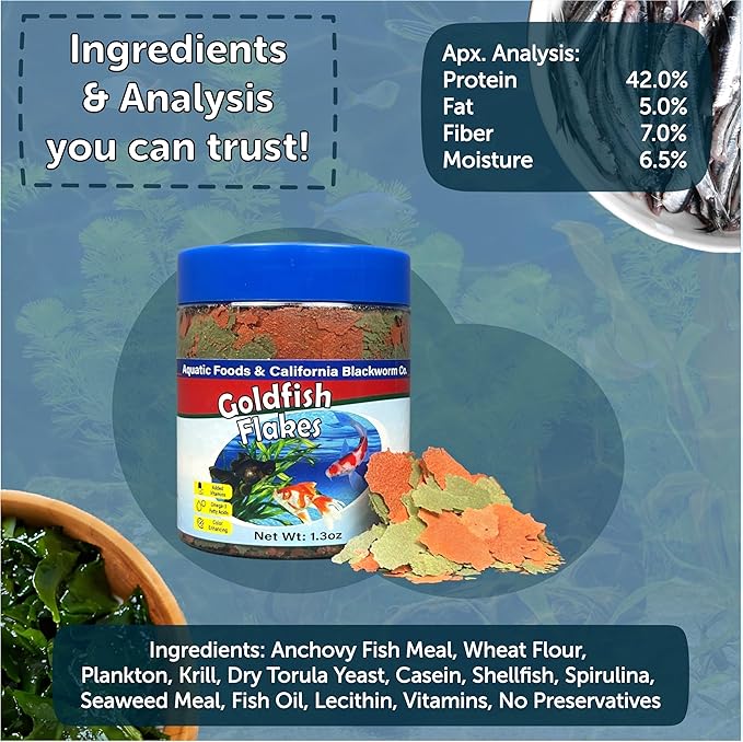 Goldfish Flakes, 42% Protein Premium Goldfish Flakes for Aquarium and Pond Fish. Also Good for Koi 2.65oz Canister
