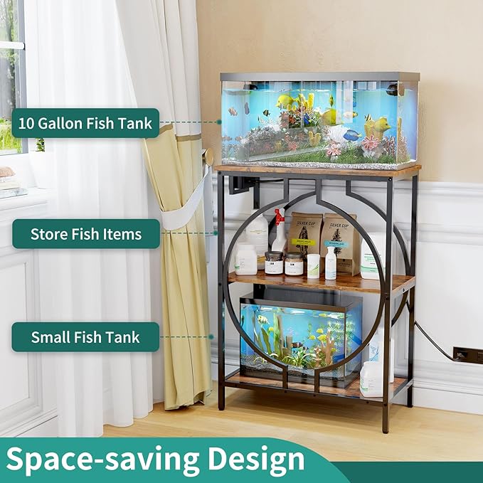HavenlyYouth 10 Gallon Aquarium Stand with Power Outlet, 3 Tier Heavy Duty Metal Fish Tank Stand with Storage, Fish Tank Table for Home Office, 21.3" x 11.8" x 29", Rustic Brown