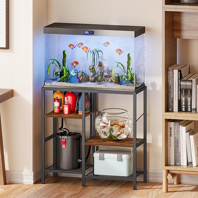 Snughome 30 Gallon Aquarium Stand, Fish Tank Stand with Shelf for Storage, 3 Tier Heavy Metal Frame Fish Tank Stand, 30 Gallon Aquarium Stand for Home Office, 30.31" x 12.01" x 30.31", Rustic Brown