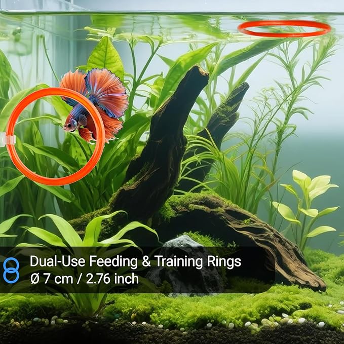 Betta Fish Toy Set: Betta Training Floating Mirror, Training/Feeding Ring, Spoon, and Resting Leaf. Promotes Exercise. Betta Toys, Resting & Feeding Kit, Orange