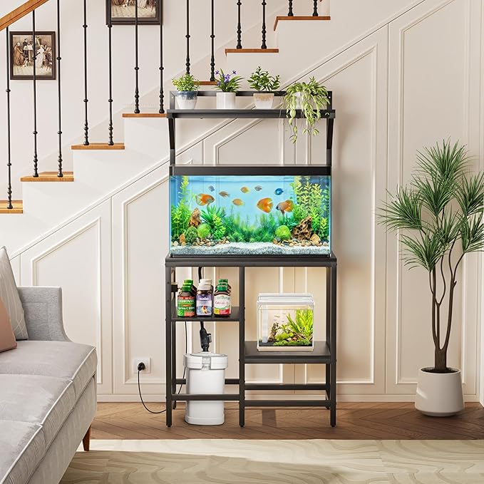 20-29 Gallon Fish Tank Stand, Aquarium Stand with Power Outlet, Heavy-Duty Reptile Terrarium Stand Table with Top Shelf and 4-Tier Adjustable Storage Shelves, 30.7" L x 15.3" W x 30" H(Black)