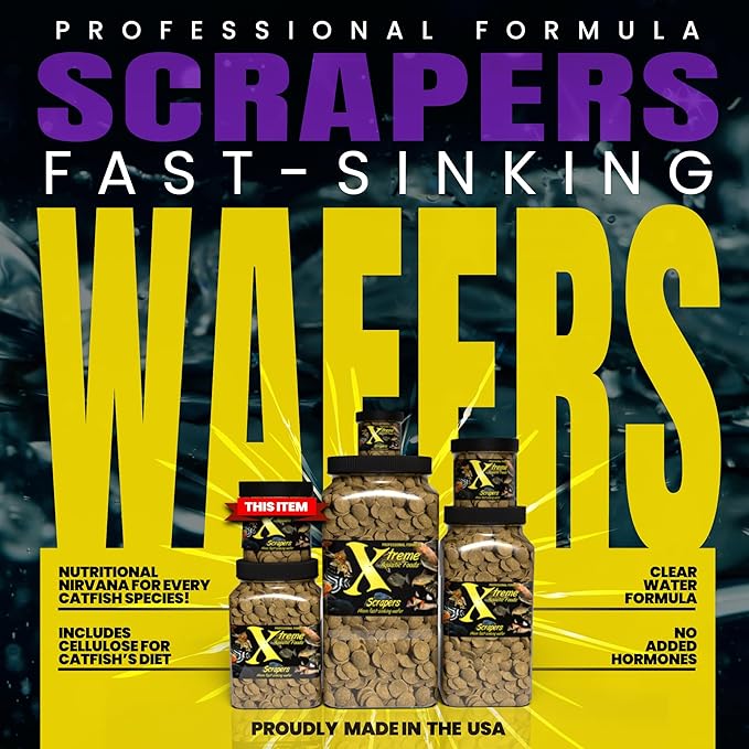 Xtreme Scrapers Wafers - Premium 14mm Fast-Sinking Fish Food – Nutrient & Cellulose Rich Ideal for Nocturnal Feeders, Catfish, Plecostomus Species, and Loaches – USA Farm Grown (9oz)