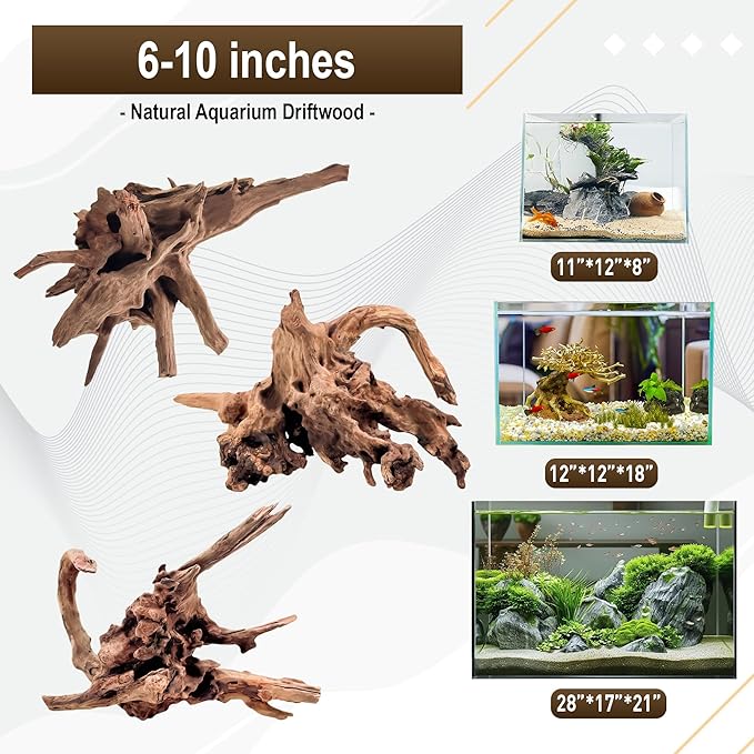 Kaiyuan Dynasty Natural Aquarium Driftwood Reptile Drift Wood Branches Driftwood Branches for Fish Tank Terrariums 6-10" 3Pcs