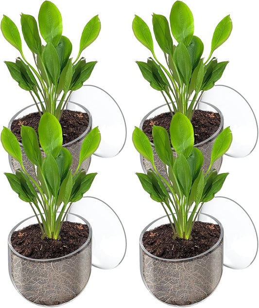 Pawfly Aquarium Plant Holder with Suction Cup, Clear Plastic Fish Tank Planting Holder, Fish Tank Plant Pot for Aquascape Decoration, Aquarium Planter Cup, 4 Pcs.