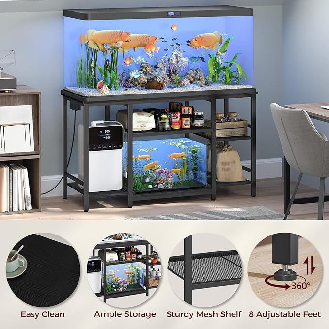 MAHANCRIS 55-75 Gallon Fish Tank Stand with Power Outlet, 3-Tier Metal Frame Aquarium Stand, Heavy Duty Reptile Terrarium Tank Stand, 52.0" L x 19.7" W x 29.9" H, 800 LBS Capacity, Black FTBK55E01