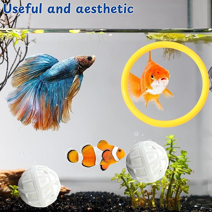 Betta Fish Enrichment Toys Ring and Filter Balls set, Fishes Ring Enrichment Toy and Tank Cleaner Ball, Aquarium Feeding Rings with Nitrifying Balls, Betta Fish Tank Accessories (Yellow, 6.4cm)