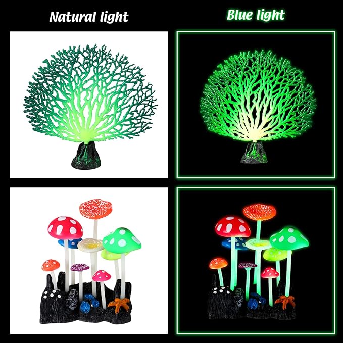 Frienda 8 Pieces Glowing Effect Fish Tank Decorations Artificial Plants with 2 Style Glowing Kelp, Sea Anemone, Simulation Coral, Jellyfish, Lotus Leaf, Mushroom for Aquarium Ornament(Blue, Pink)