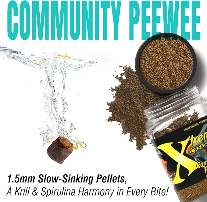 Xtreme Community Peewee 1.5mm Pellets: Slow Sinking & Ideal for Community Fish - Boosts Immune & Digestive Health, Enhances Color & Energy, Max Protein Fish Food – USA Farm Grown (10oz)