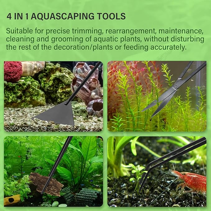 Simple Deluxe Aquarium Aquascape Tools Kit, 4 in 1 Anti-Rust Aquatic Plant Aquascaping Tool Stainless Steel Tweezers Scissors Spatula Set for Aquarium Tank Clean, Fish Tank, Bonsai, Algae Scrapers