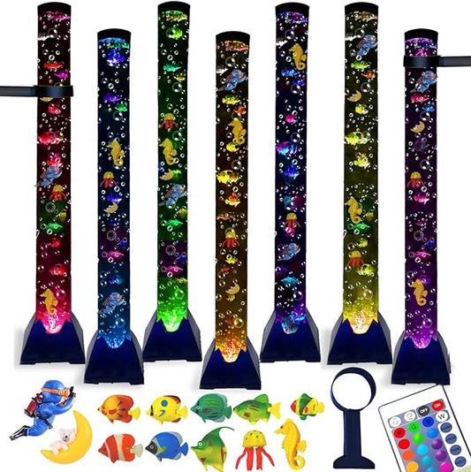 Sensory Bubble Tower Lamp with Bracket – 4 FT Bubble Tube with 12 Fake Fish, 16-Color LED Sensory Light, Tall Bubble Fish Lamp for Home Décor, Relaxation & Sensory Spaces, Autism & ADHD Friendly