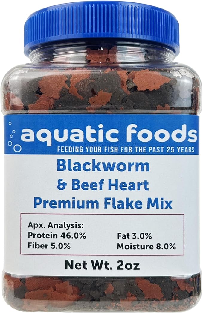 45% Blackworm Flake & Beef Heart Flake Mix for Discus, Cichlids, All Tropical Fish. Aquatic Foods Premium Flakes…2oz Small Jar