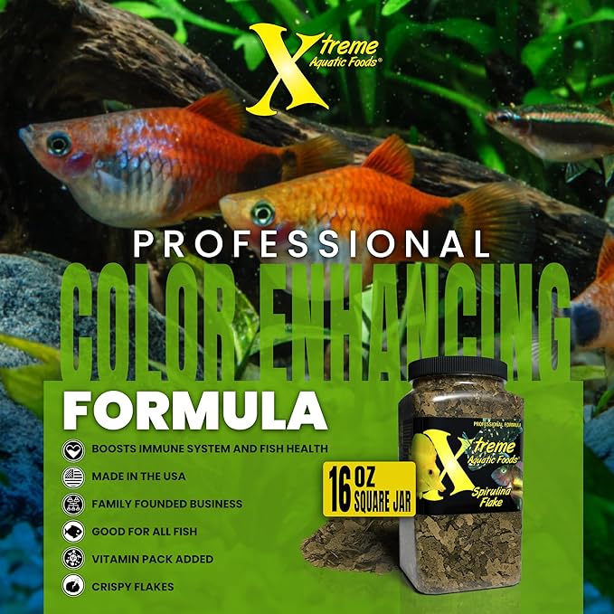 Xtreme Spirulina Flakes - Balanced Herbivorous Diet for Tropical and Marine Fish, Enhanced Health, Vibrant Colors - USA Farm Grown - Ideal for Cichlids, Barbs, Tetras and Guppies (16oz)