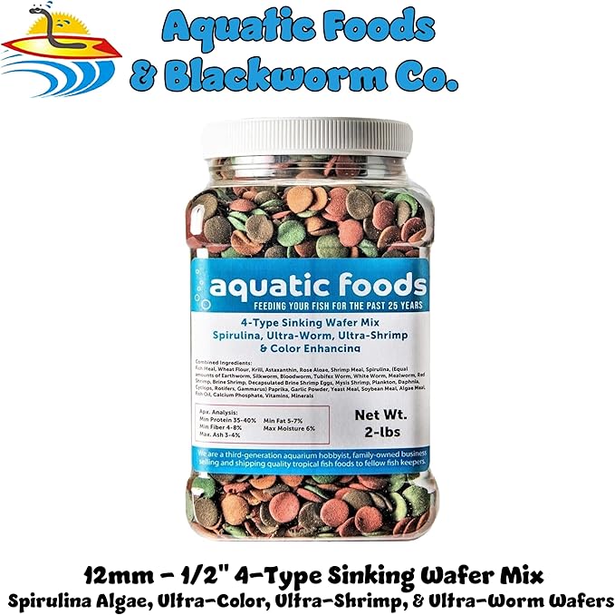 4-Type 12mm - 1/2" Sinking Wafer Mix of Spirulina-Algae, Ultra-Worm, Ultra-Shrimp, Color Enhancing Wafers for Shrimp, Snails, Crabs, Crayfish, All Tropical Fish...2-lb Med Jar