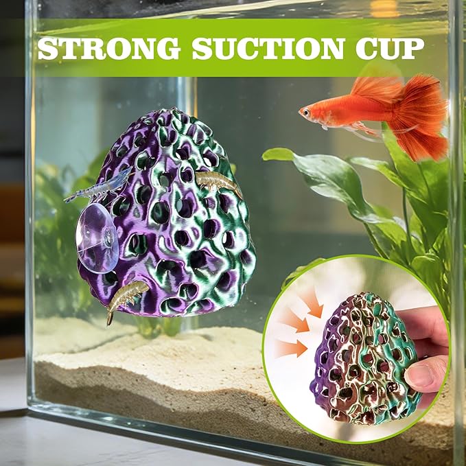 Shrimp Dome Hide, Shrimp Hides for Aquarium, Betta Fish Hideout with Suction Cup, Betta Habitat Tank Ornament Accessories, Aquarium Decor for Small Fish Guppy Hiding Resting (Lid Green Purple)