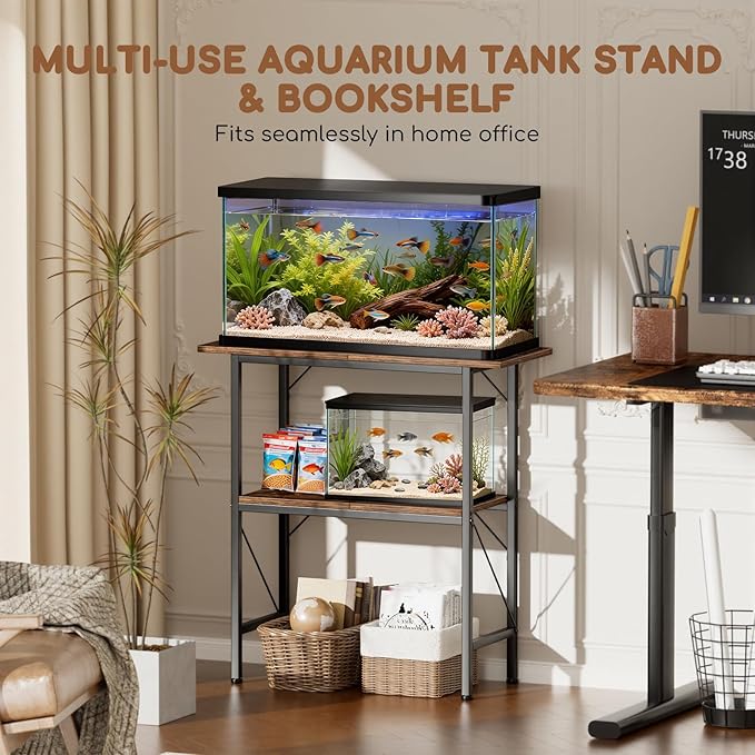 20-29-30 Gallon Fish Tank Stand with Storage Shelves, 2-Tier Aquarium Stand with Metal Frame, Heavy Duty Reptile Turtle Tank Stand for Home Office, 30" L x 11.8" W x 30.5" H, Rustic Brown