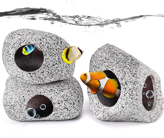 3 Pieces Rock Aquarium Decorations, Stackable Cave Aquarium Decor, Betta Fish Tank Accessories Hideout Hidden Stones Ornaments, Fish Rock House Hideaway Tunnel Fish Cave for Aquarium Shrimp Cichlid