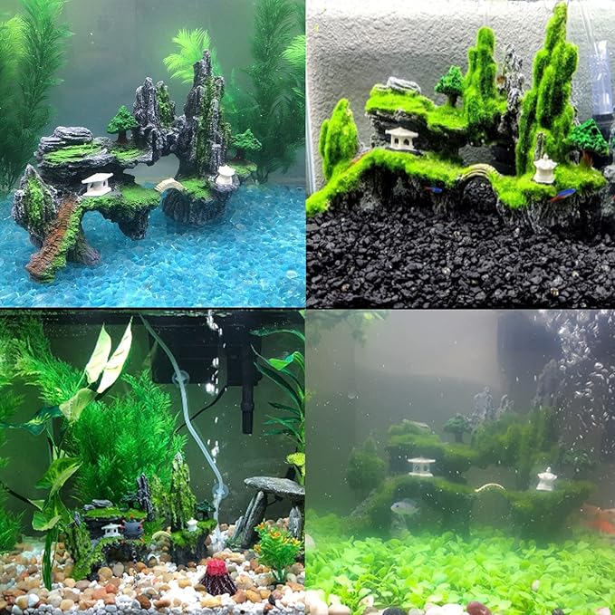 Tfwadmx Fish Tank Mountain View Decoration Aquarium Stone Ornament Bridge with Moss Tree House Cave for Small Betta Shrimp Hide