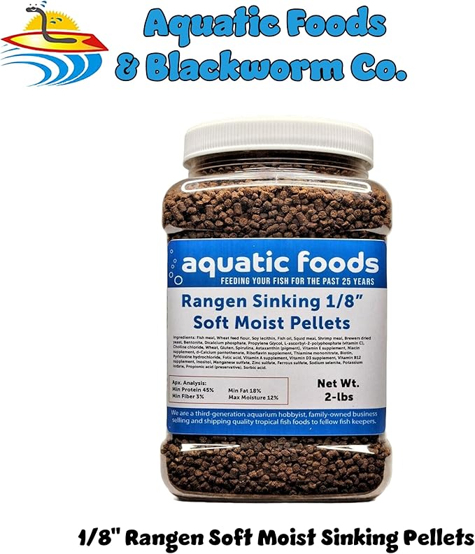 1/8" Soft Moist Sinking Salmon Pellets for Juvenile Axolotls, Shrimp, Snails, Crabs, Small Amphibians, Bottom Tropical Fish...2-lb Med Jar