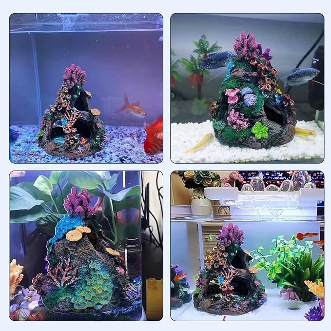 PINVNBY Coral Aquarium Decorations (Size: 6.3 x 4.7 x 4.7 inches) Small Fish Tank Decorations Hideout Resin Rock Mountain Cave Ornaments Betta Hideout House for Beta Sleep Rest Hide Play Breed