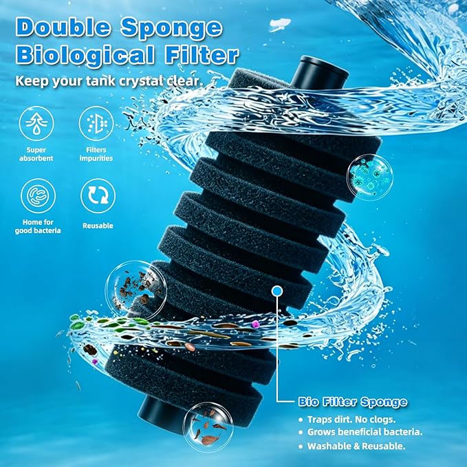 TARARIUM Aquarium Sponge Filter 5-20 Gallon Fish Tank Filter, Electric Power Double Sponge Filter, Quiet Small Low Flow Foam Filter for Fish Tank Betta Shrimp, Intake Dual Sponge Filter Kit w/Pump