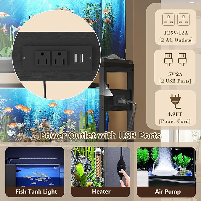 Heybly 20-29 Gallon Fish Tank Stand, Aquarium Stand with Drawer, Power Outlet, Heavy Duty Metal Frame, for Fish Tank, Turtle & Reptile Terrarium, 31.5" x 15.7" Top, 330lbs, Black HAS001BK