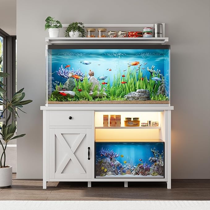 55-75 Gallon Fish Tank Stand with Power Outlet, Led Light, Heavy Duty Aquarium Stand with Cabinet for Fish Tank Accessories Storage, Shelf, for Turtle Tank, Reptile Terrarium, 1100 LBS (White)