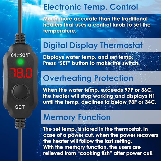 10W Mini Aquarium Heater for up to 1 Gallon Tanks | Super Small 5V/2A USB Fish Tank Heater with Digital Thermostat, Dry-Run & Overheat Protection, Memory Function