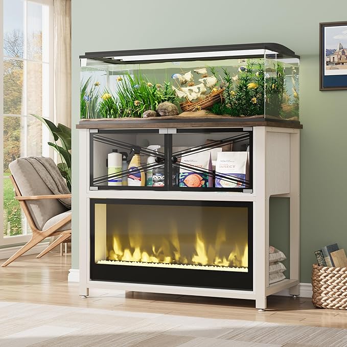 40-50 Gallon Fish Tank Stand with 20-Color LED Flames, No Heat, Metal Frame Structure Aquarium Stand, Glass Doors Storage Cabinet Holds Up to 700 LBS, Fit for Turtle Tank, Reptile Tank (White+Brown)
