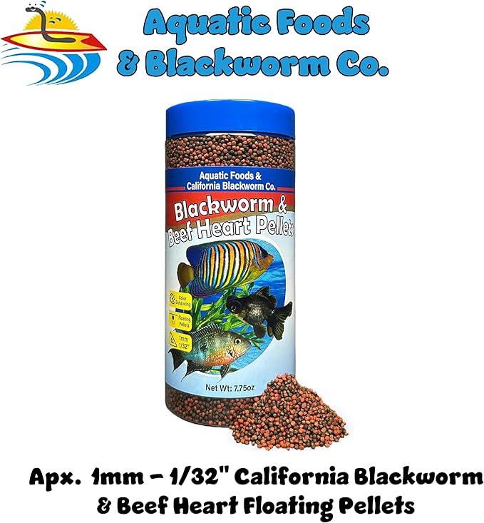 1mm -1/32" California Blackworm & Beef Heart Floating Pellets for Marines, Cichlids, Tropical Fish, Koi & Pond Fish, 4-Type Wafer & 12-Type Pellet Mix Included 7.75oz Canister