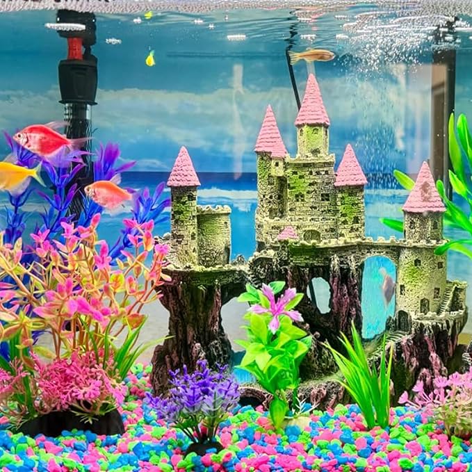 Aquarium Castle Decorations, Resin Castle for Fish Tank with Randomly Color Plants Decor Accessories for Freshwater and Saltwater Fish Tanks (Pink)