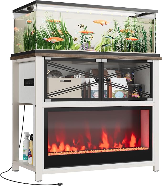 40-50 Gallon Fish Tank Stand with 20-Color LED Flames, No Heat, Metal Frame Structure Aquarium Stand, Glass Doors Storage Cabinet Holds Up to 700 LBS, Fit for Turtle Tank, Reptile Tank (White+Brown)
