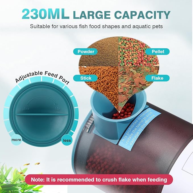 AQQA Automatic Fish Feeder for Aquarium - Auto Fish Food Dispenser with 8/12/24/48H Timer, 230 ML Large Capacity Vacation Tank Feeder for Turtle Betta Goldfish, Feeding Port Automatic Alignment